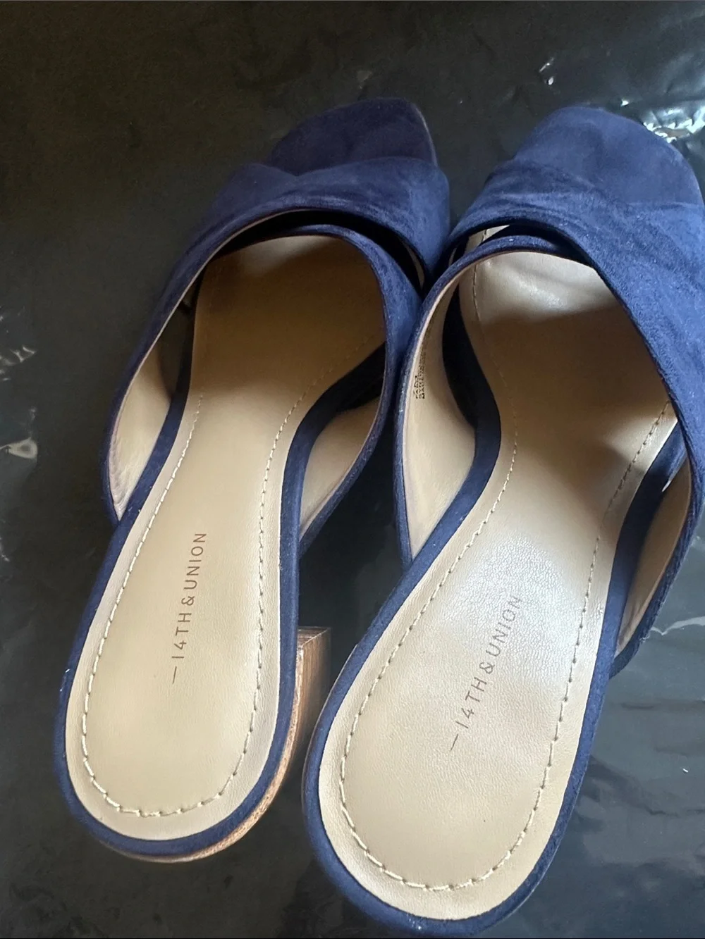 Blue suede block heel sandal